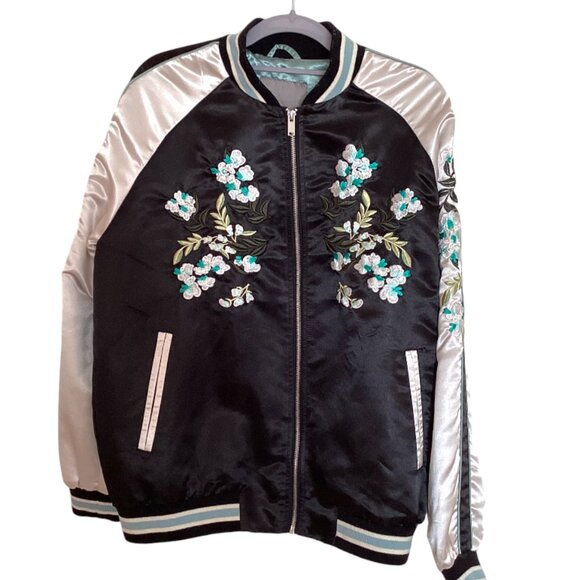 Vero Moda Women's Embroidered Bomber Jacket Size L Satin Feel Floral Lined - Picture 1 of 12